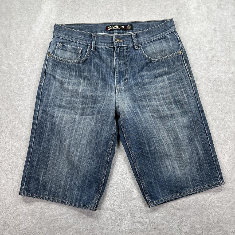 Avirex Jean Shorts Mens 34 Blue Relaxed Fit Bermuda Denim Medium Wash Casual
